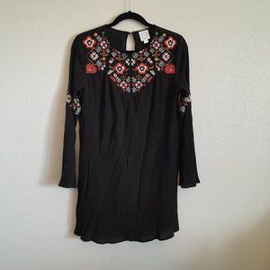 Blue Rain Boho Tribal Floral Embroidered Long Sleeve Dress Black Size S
